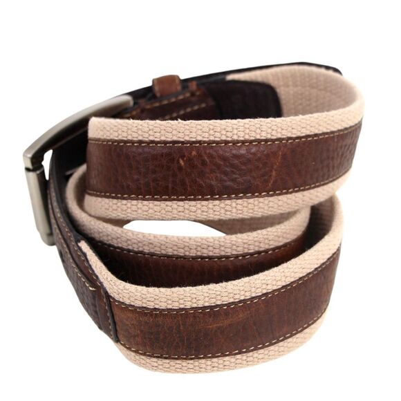 DH BROWN REAL LEATHER BEIGE CANVAS 1 3/8"Wd CASUAL DRESS MEN BELT Sz 36/90 (A22 - Picture 2 of 10
